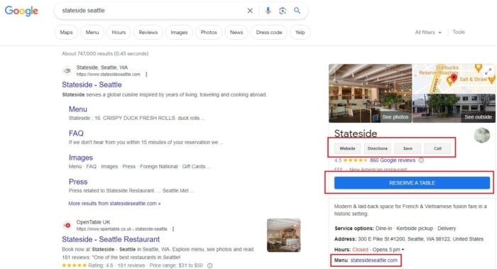 Good example of a well structured GMB restaurant listing highlighting various features such as booking a table, geting directions, or viewing a menu
