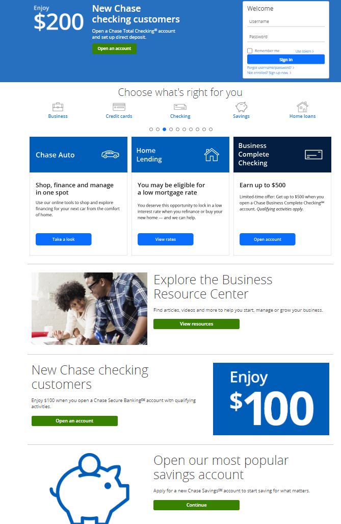 A Chase Bank landing page.