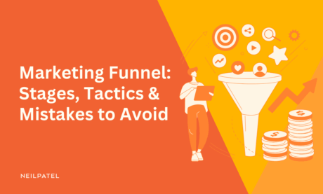 Illustration of a person standing next to a funnel with text that reads "Marketing Funnel: Stages, Tactics & Mistakes to Avoid."