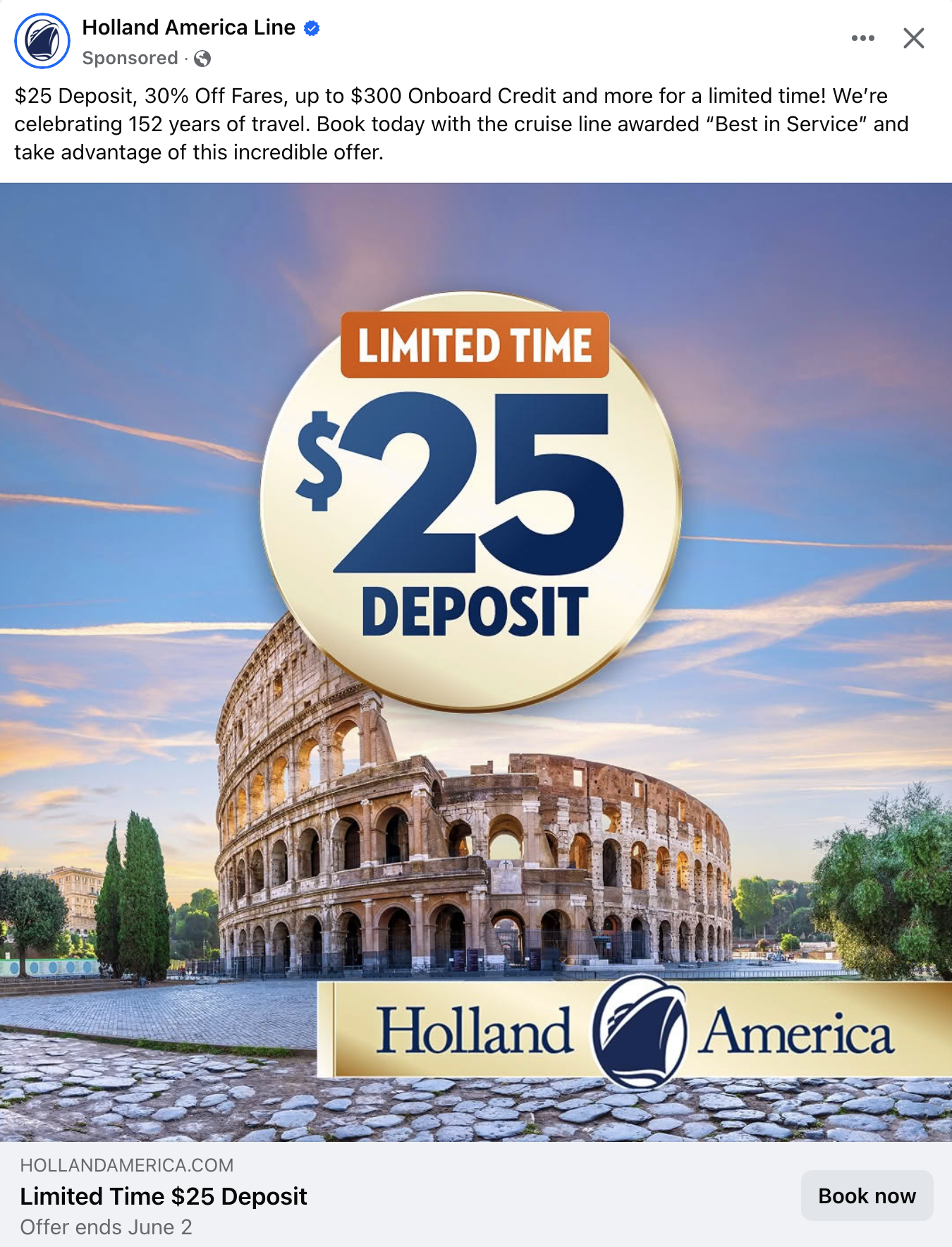 Holland America cruise line ad with a $25 deposit ad.