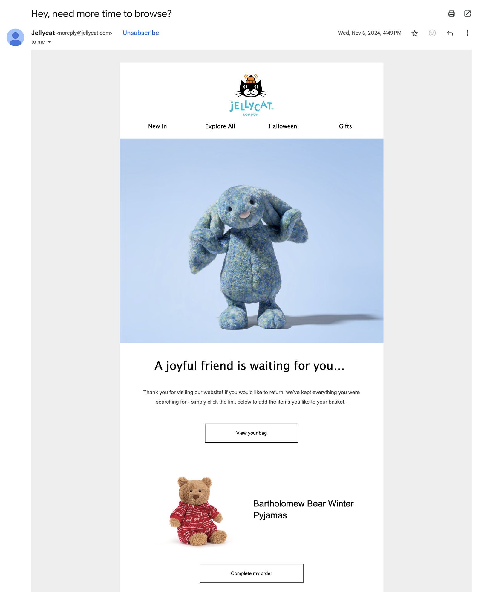 Jellycat email with a button to view your bag.