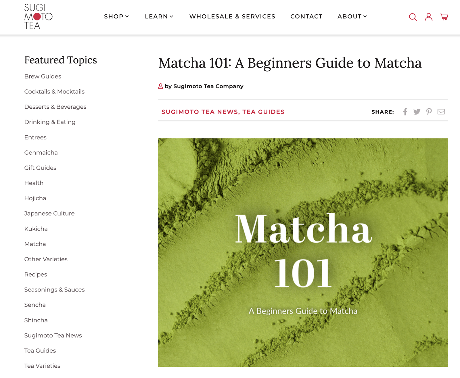 Sugi Moto Tea website with an address for Matcha 101.