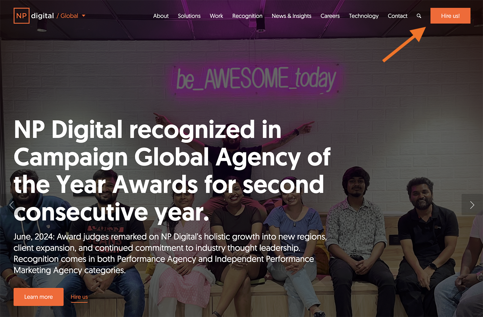 NP Digital landing page with a button to hire us.