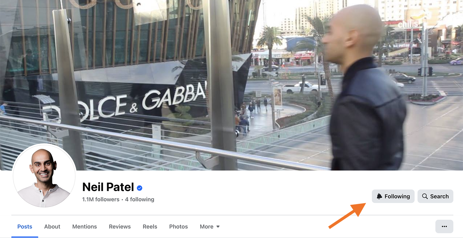 Neil Patel facebook page with an arrow pointing to the following button.