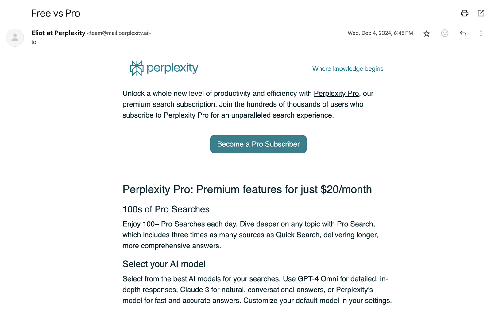 Email from Elliot at Perplexity with a sign up button to become a pro subscriber.