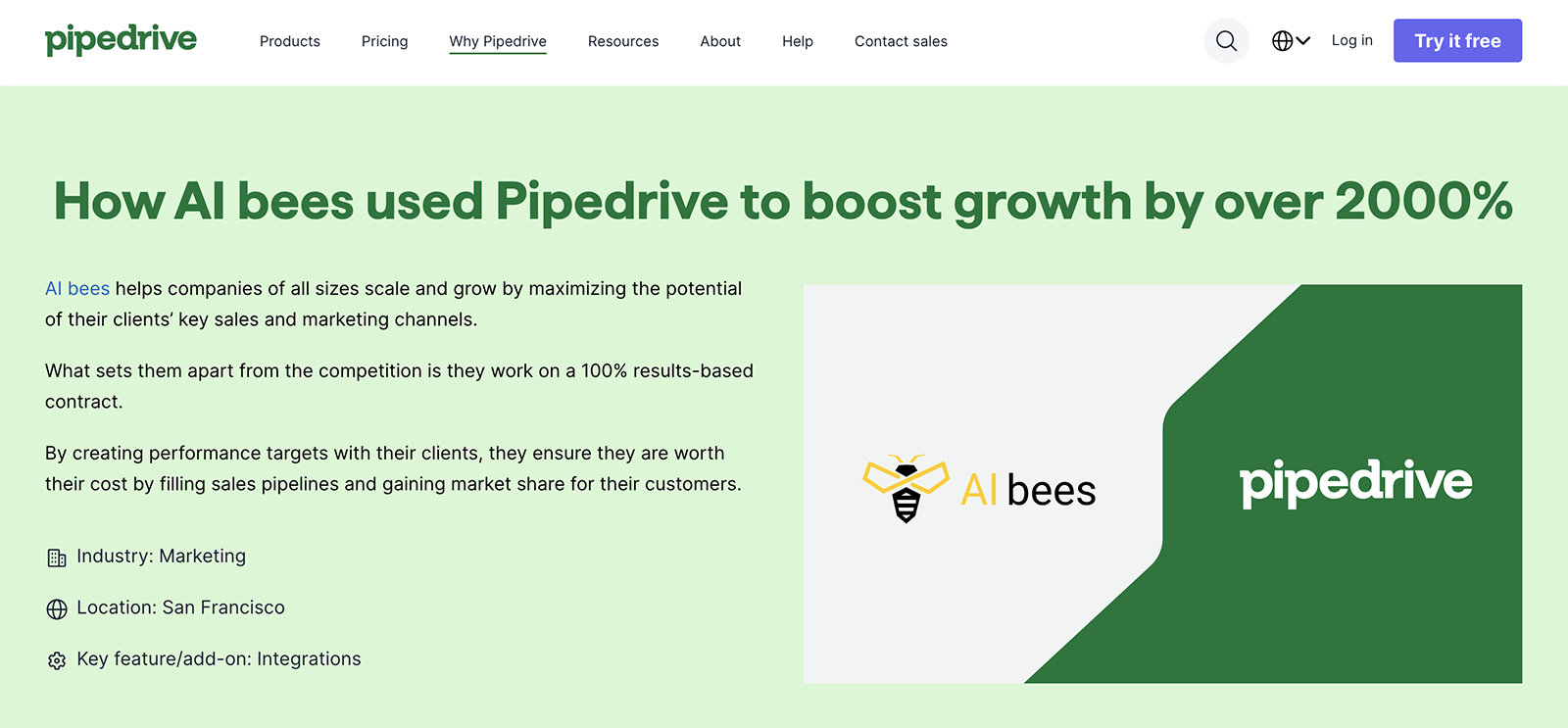 Pipedrive landing page with an article for AI bees using pipedrive.