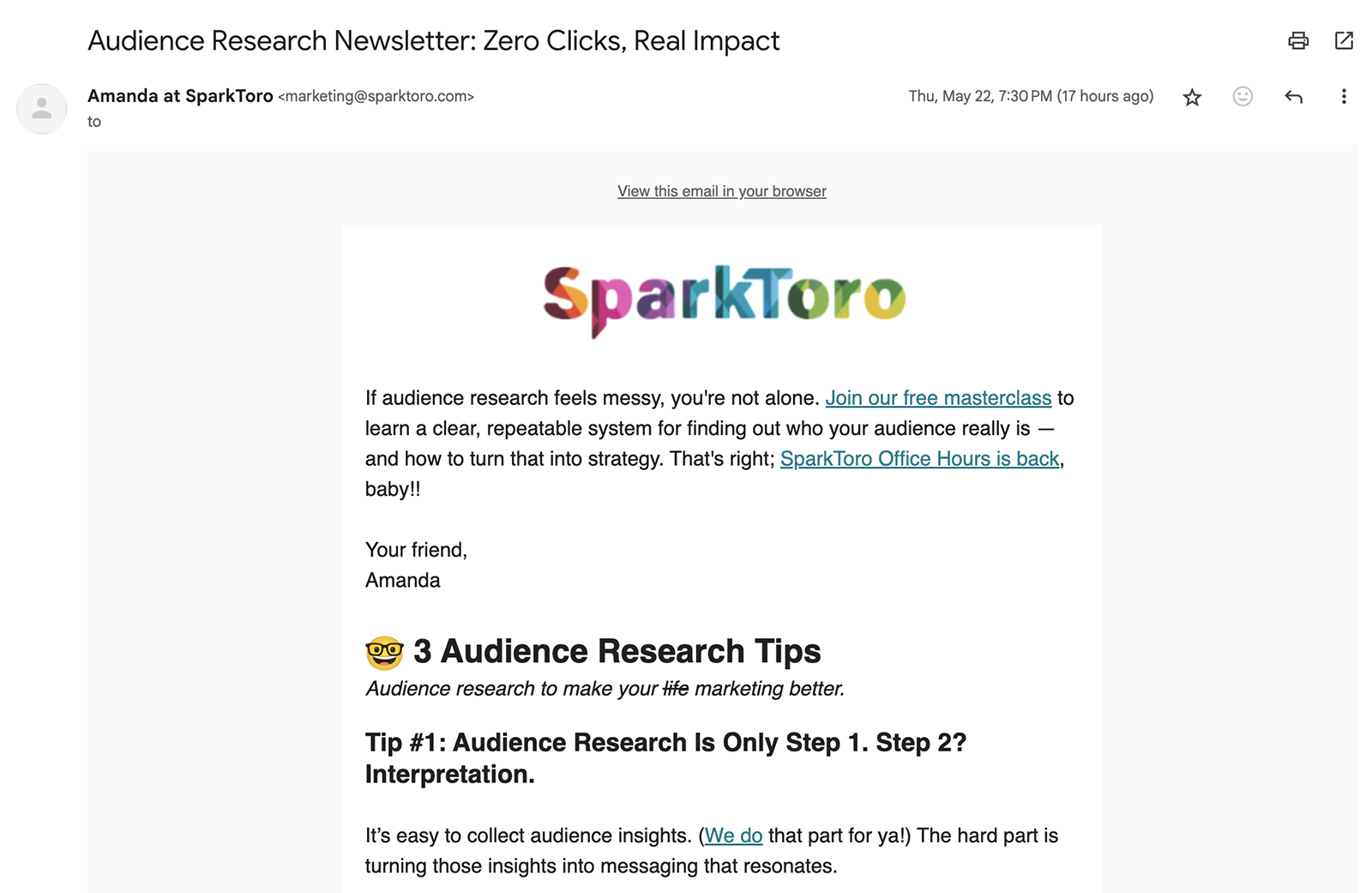 Screenshot of an email from Amanda from SparkToro.