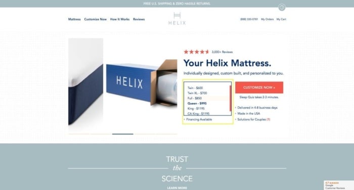 A Helix Mattress listing.