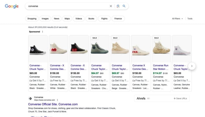 A listing of shopping results from Converse.