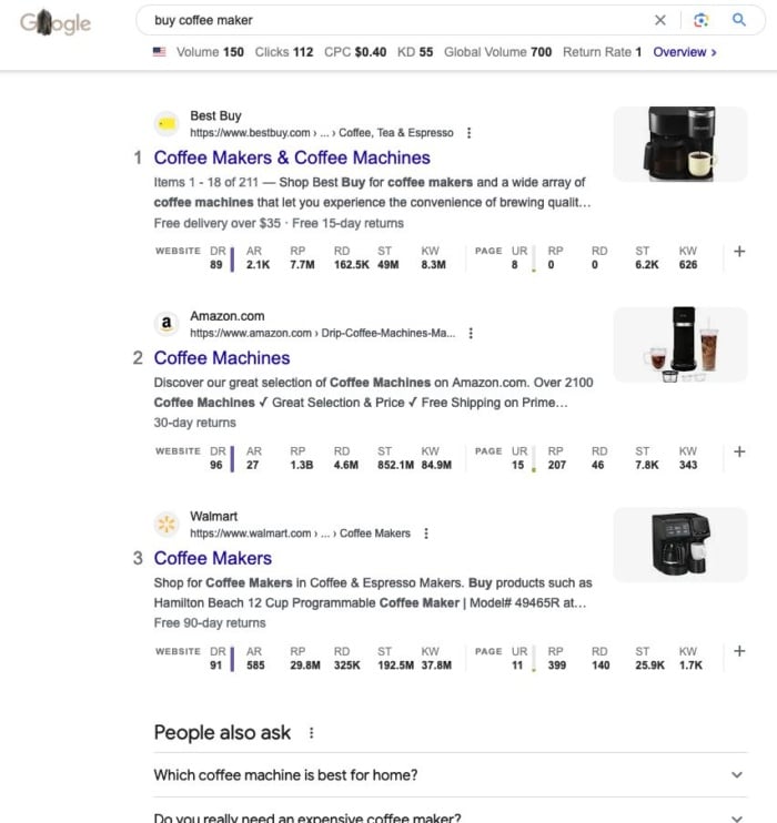 Google results for "buy coffee maker". 
