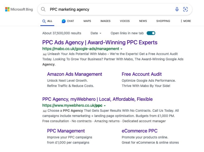 Example of Bing ads. 