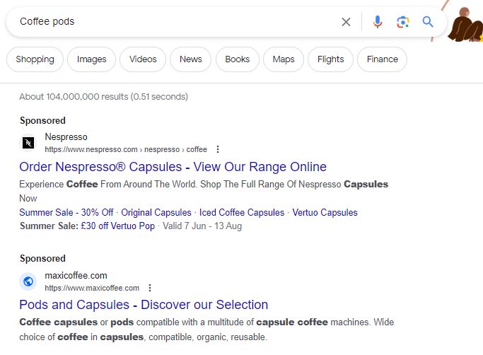 โฆษณาบนการค้นหาของ Google ที่สนับสนุนสองรายการสำหรับข้อความค้นหา 'คอฟฟี่พ็อด'
