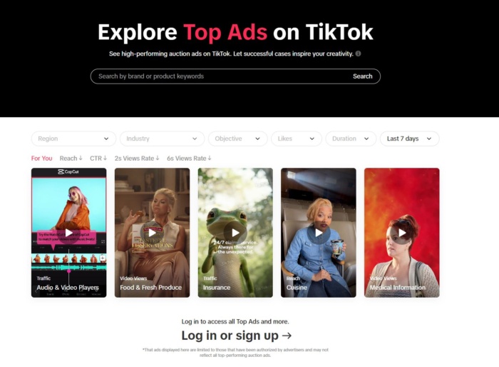 TikTok Creative Center, where you can view examples of ads