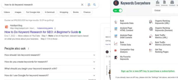 Keywords everywhere in SERPs report SEO Chrome extension