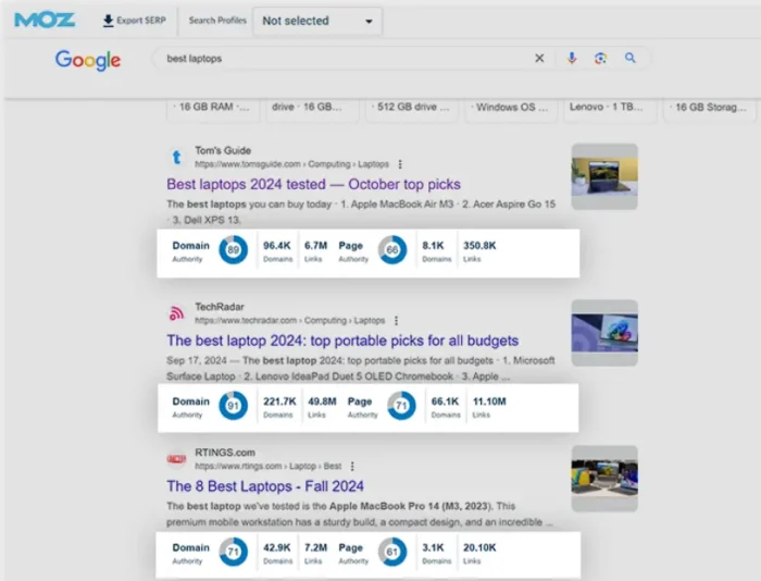 Moz SEO Chrome extension results screenshot