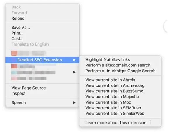 Detailed SEO extension enhance right click menu Chrome SEO extension