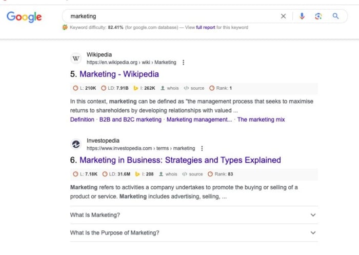 Google results for Marketing. 