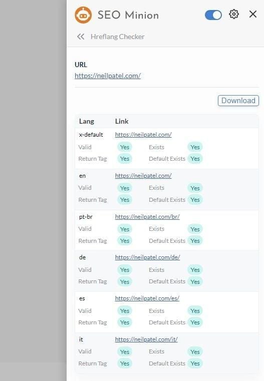 SEO Minion's SEO Chrome extension tool Hfreflang Checker. 