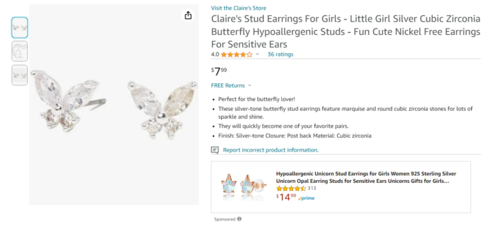 A Claire's listing.