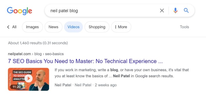 Google search results for Neil Patel blog. 