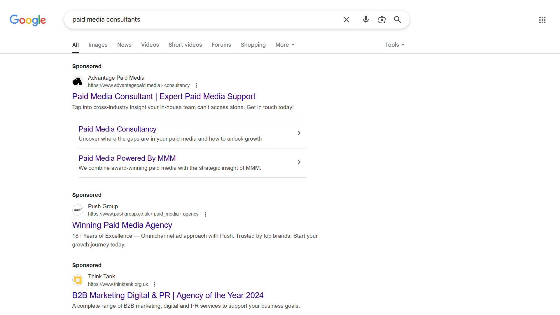 Google search result for "paid media consultants."