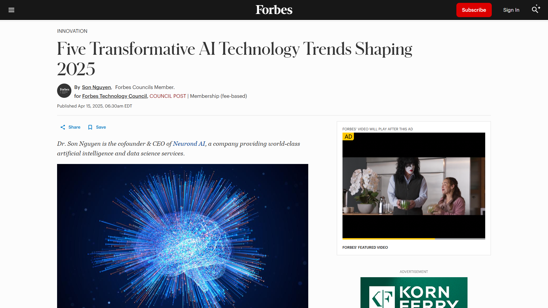Forbes paid article example about AI in technology trends. 