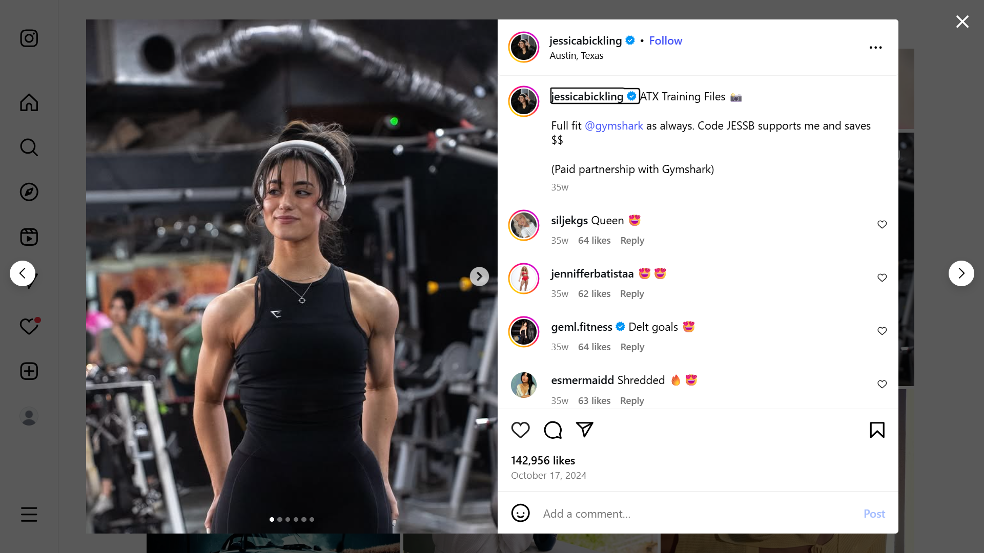 Jessica Bickling's social media post as an example of a paid partnership with Gymshark. 