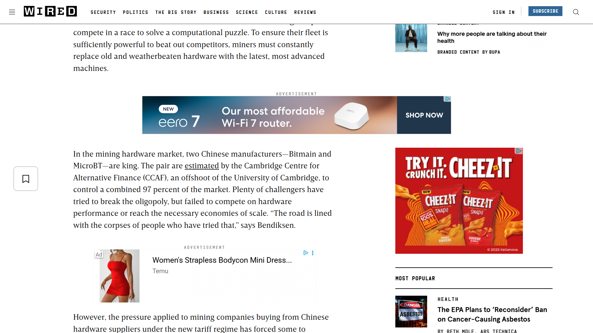 Article on Wired with a banner ad displayed. 