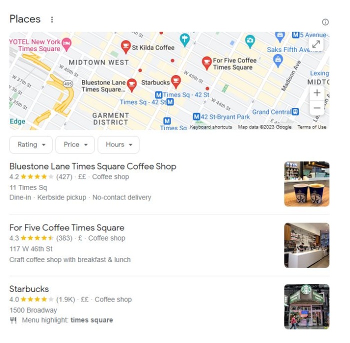 Example local pack results for search query “Coffee shop Times Square, New York SERP