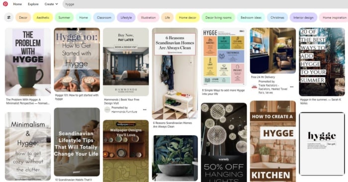 Pinterest Hygge search results image top hashtags