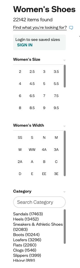 Womens shoe sizes page. 