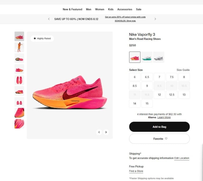 Nike shoe product page - UX best practices