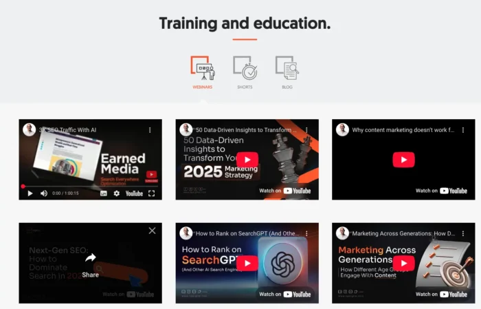 A list of educational videos on NP Digital's website.