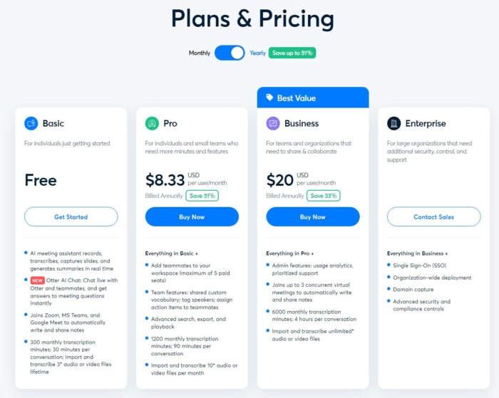 Plans and pricing for otter. - Video Transcripts Boosts Your SEO