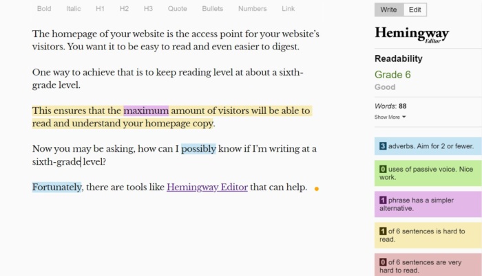 Hemingway app example. 