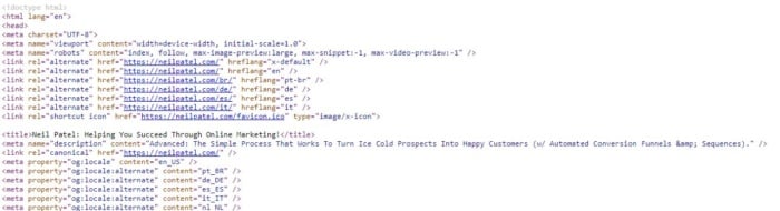 Snippet of HTML code for neilpatel.com 