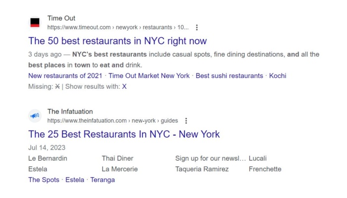 Google results for best restaurants in NYC. 