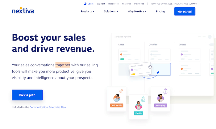 Nextiva sales landing page with a blue button to "Pick a plan."
