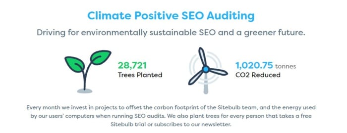 Climate positive SEO auditing page on Sitebulb website