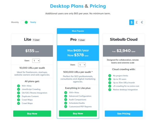 The Sitebulb pricing page.