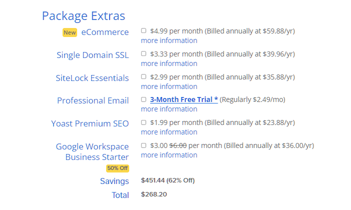 Package extra choices offered by Bluehost. 