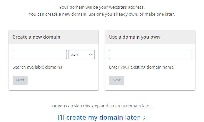Domain setup screen from Bluehost. 