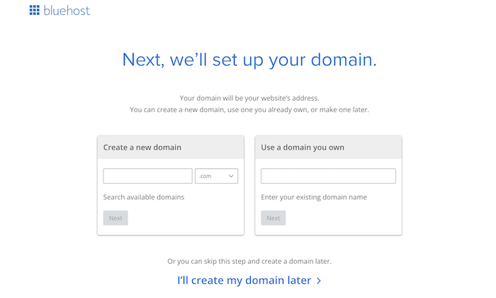 Bluehost’s web hosting signup flow showing a step to set up your domain or create it later.