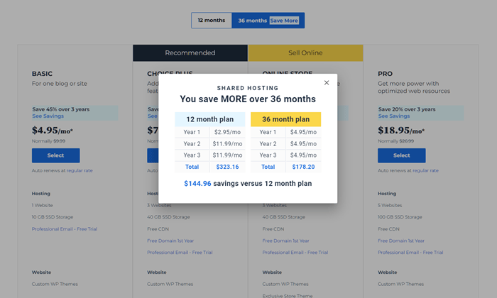 Bluehost pricing comparison for a 12 month plan versus a 36 month plan. 