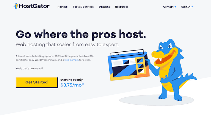 HostGator homepage showing an animated blue alligator highlighting web hosting that starts at $3.75 per month.