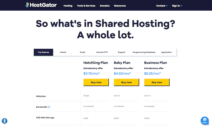 HostGator shared hosting pricing table showing three plans and rates.