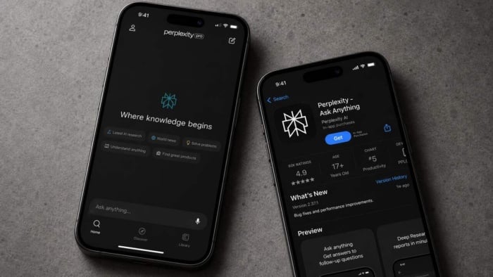 Dois smartphones exibem telas do Perplexity AI, sendo um com a tela inicial do app e outro com a tela da loja de aplicativos para baixar.