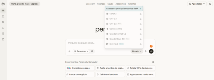 Tela inicial do Perplexity AI no navegador com modelos de IA em destaque.