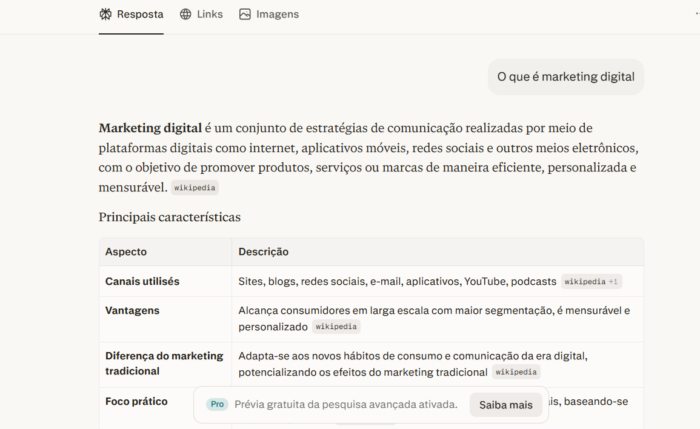 Tela do Perplexity AI no navegador respondendo pergunta sobre o que é marketing digital.