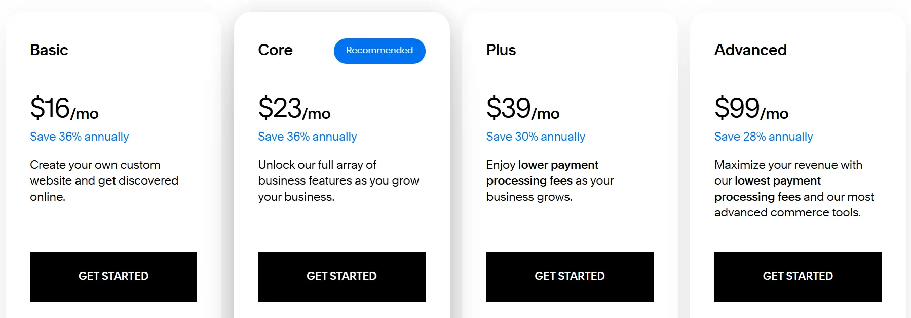 Squarespace pricing plans.